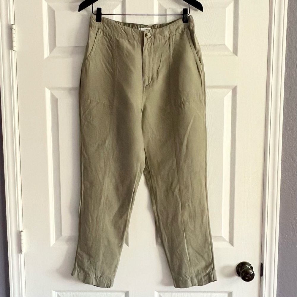 Halston linen blend khaki green casual high rise pants straight leg size M